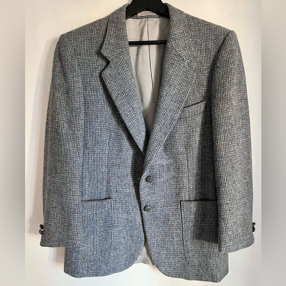 VINTAGE HARRIS TWEED WOOL BLAZER HOUNDSTOOTH GRAY BLUE HAND WOVEN LUXURY S M - Picture 3 of 10